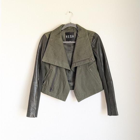 Veda Green Classic Sheep Leather Denim Moto Biker Jacket, size P - Picture 1 of 10